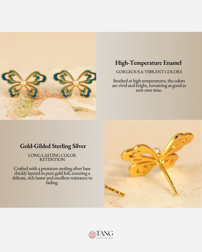 Gold Vermeil Enamel Butterfly Pearl Earrings