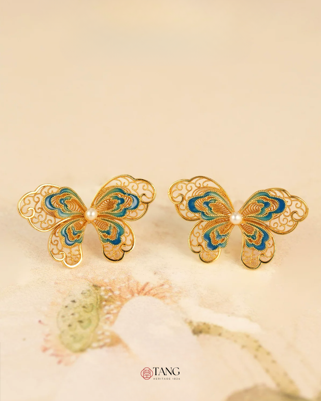 Gold Vermeil Enamel Butterfly Pearl Earrings