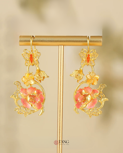 Gold Vermeil Hibiscus Butterfly Enamel Earrings