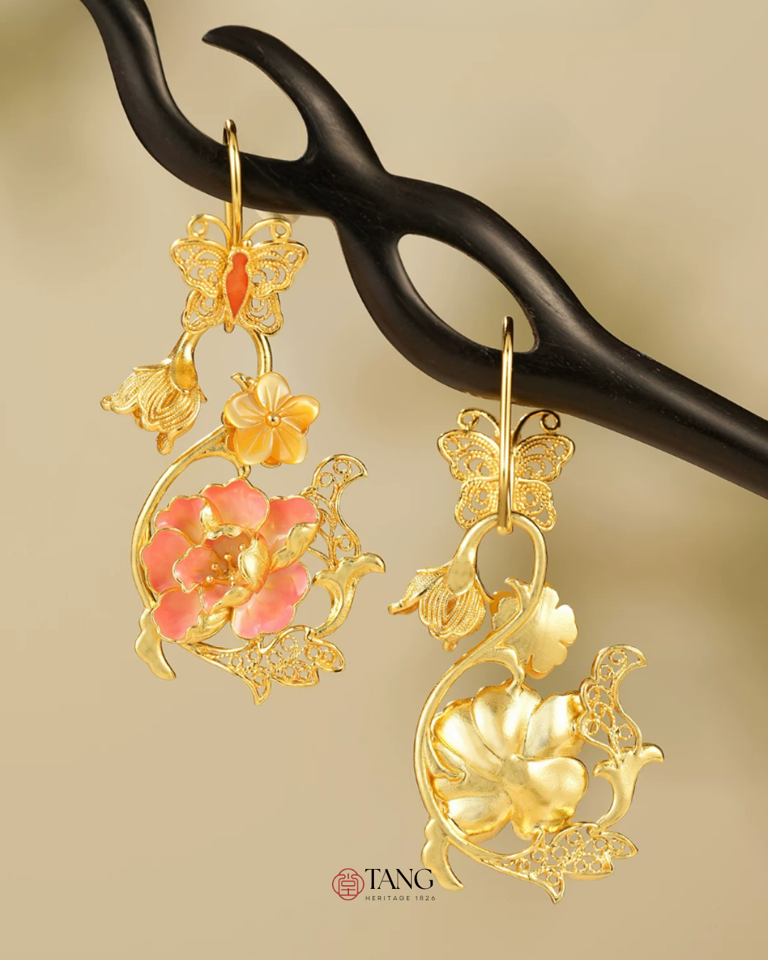Gold Vermeil Hibiscus Butterfly Enamel Earrings