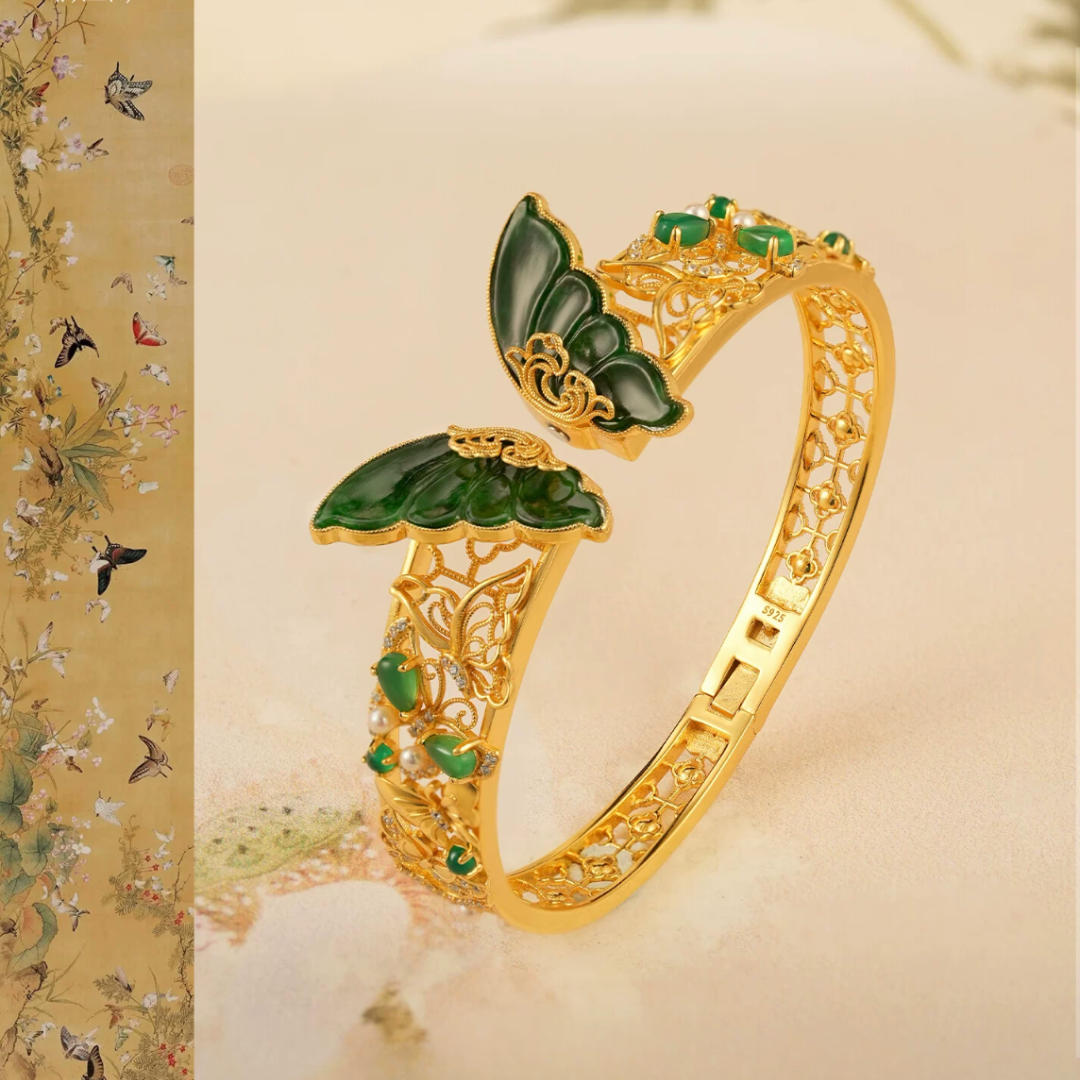 Gold Vermeil Jadeite Butterfly Bangle