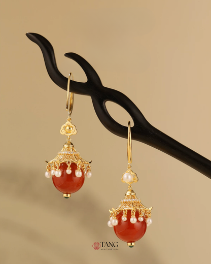 Gold Vermeil Palace Lantern Agate Pearl Earrings