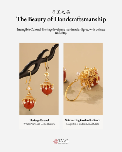 Gold Vermeil Palace Lantern Agate Pearl Earrings