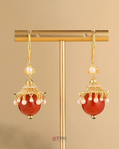Gold Vermeil Palace Lantern Agate Pearl Earrings