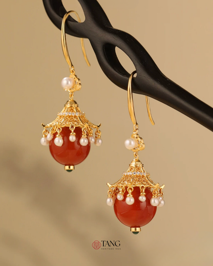 Gold Vermeil Palace Lantern Agate Pearl Earrings