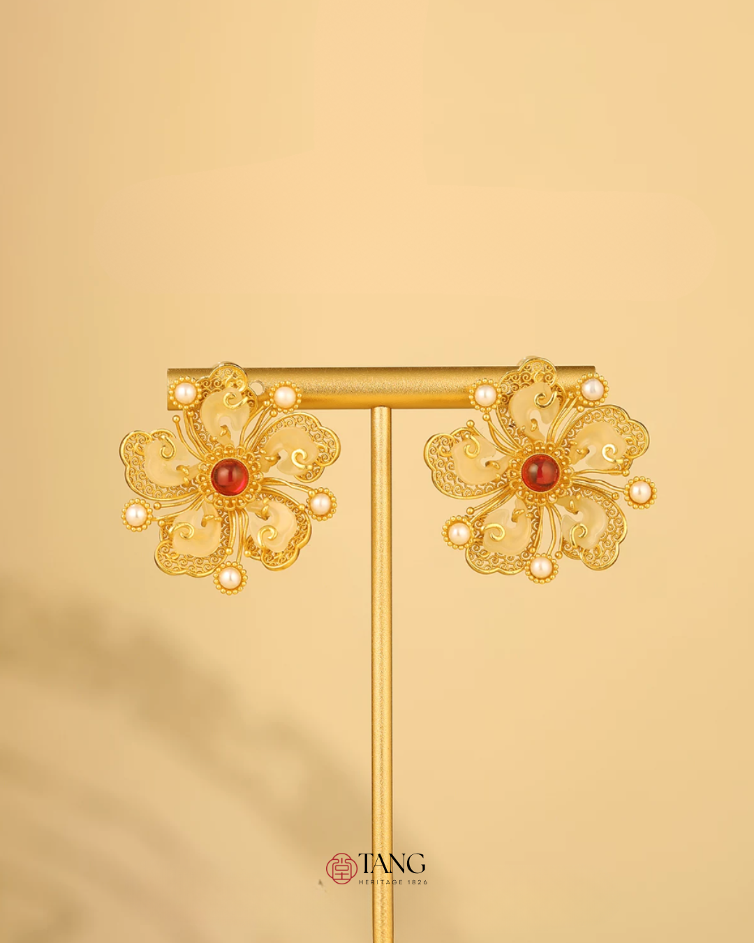 Gold Vermeil Peony Jade Ruby Earrings