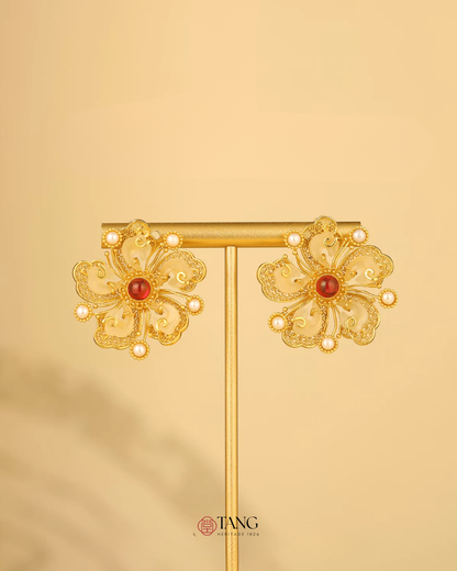 Gold Vermeil Peony Jade Ruby Earrings