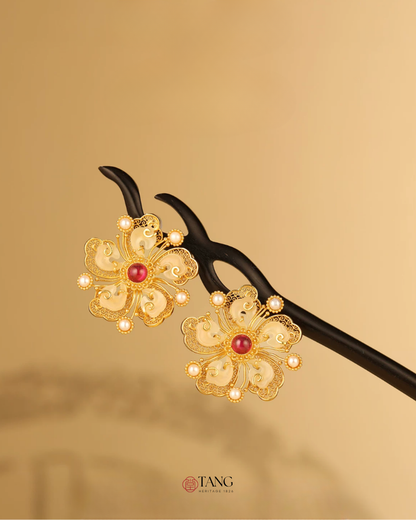 Gold Vermeil Peony Jade Ruby Earrings