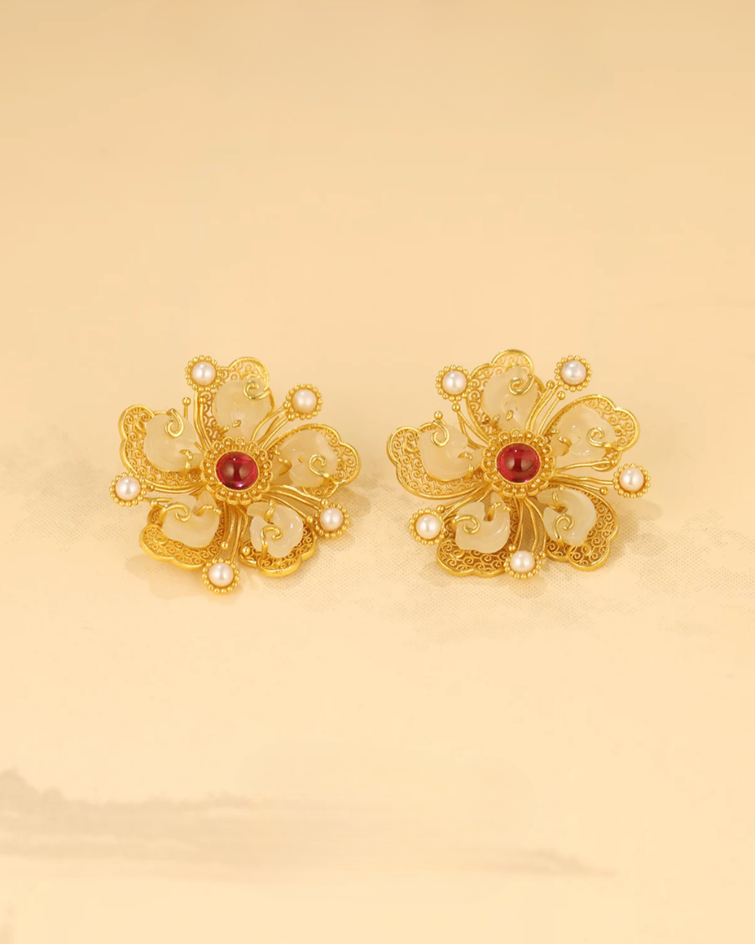 Gold Vermeil Peony Jade Ruby Earrings