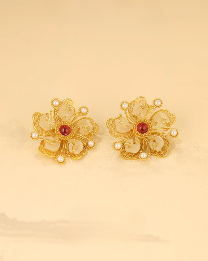Gold Vermeil Peony Jade Ruby Earrings