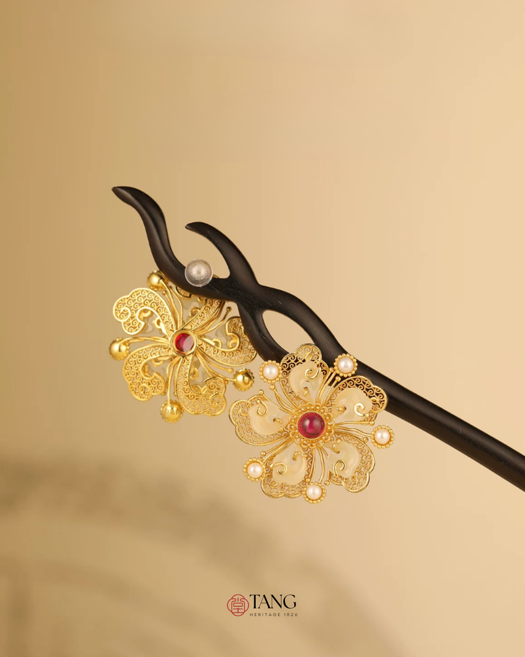 Gold Vermeil Peony Jade Ruby Earrings