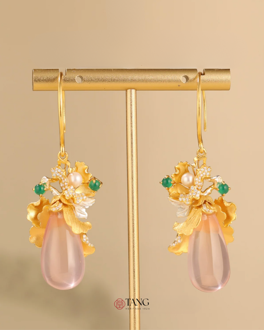 Gold Vermeil Peony Rose Quartz Drop Earrings
