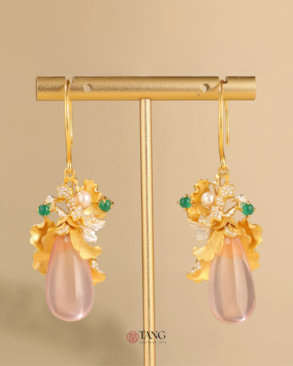 Gold Vermeil Peony Rose Quartz Drop Earrings
