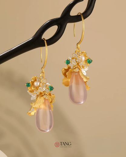 Gold Vermeil Peony Rose Quartz Drop Earrings