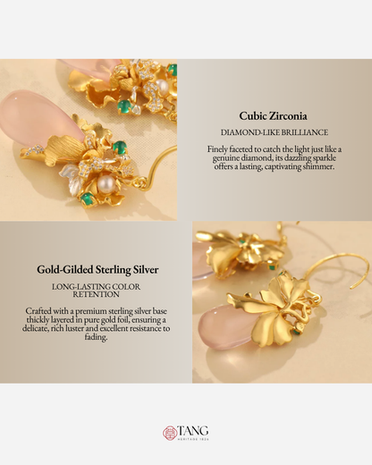 Gold Vermeil Peony Rose Quartz Drop Earrings