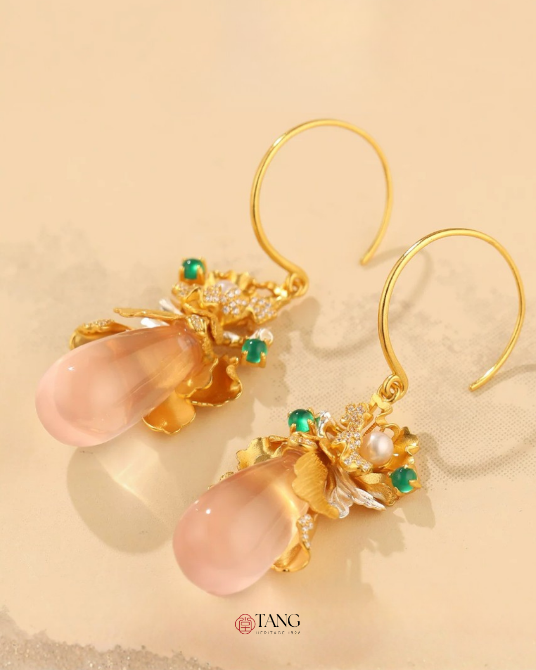 Gold Vermeil Peony Rose Quartz Drop Earrings
