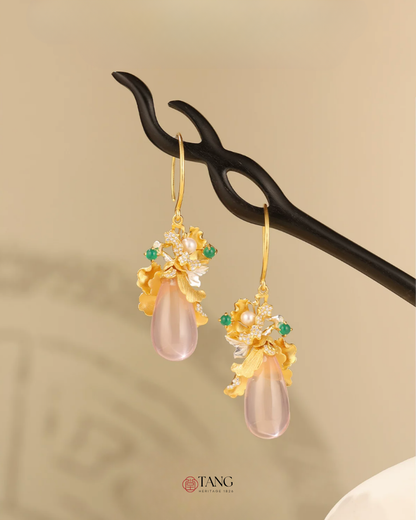 Gold Vermeil Peony Rose Quartz Drop Earrings