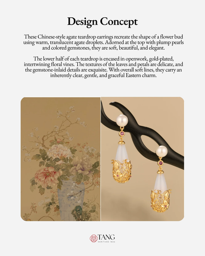 Gold Vermeil Twining Vine Agate Pearl Earrings