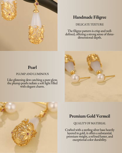 Gold Vermeil Twining Vine Agate Pearl Earrings