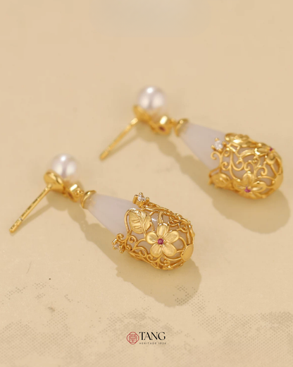 Gold Vermeil Twining Vine Agate Pearl Earrings