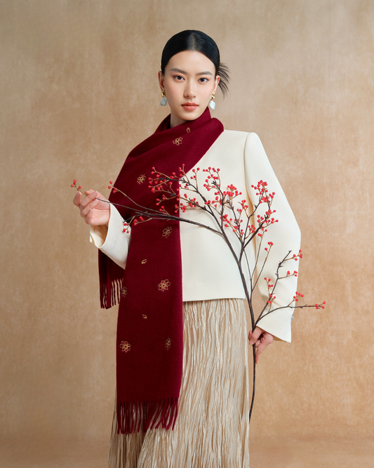 Golden Blossoms Embroidered Wool Scarf