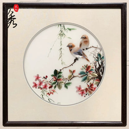 Su Embroidery Framed Wall Painting Art | Sparrows Among Autumn Blossom