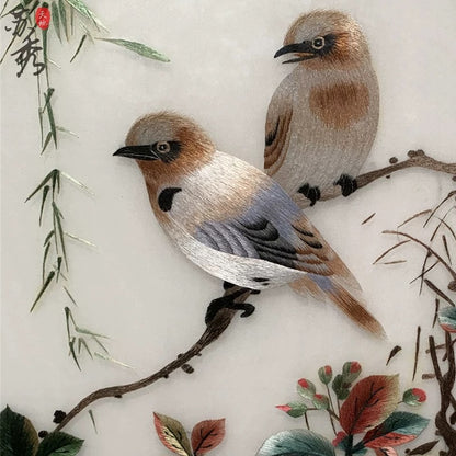 Su Embroidery Framed Wall Painting Art | Sparrows Among Autumn Blossom