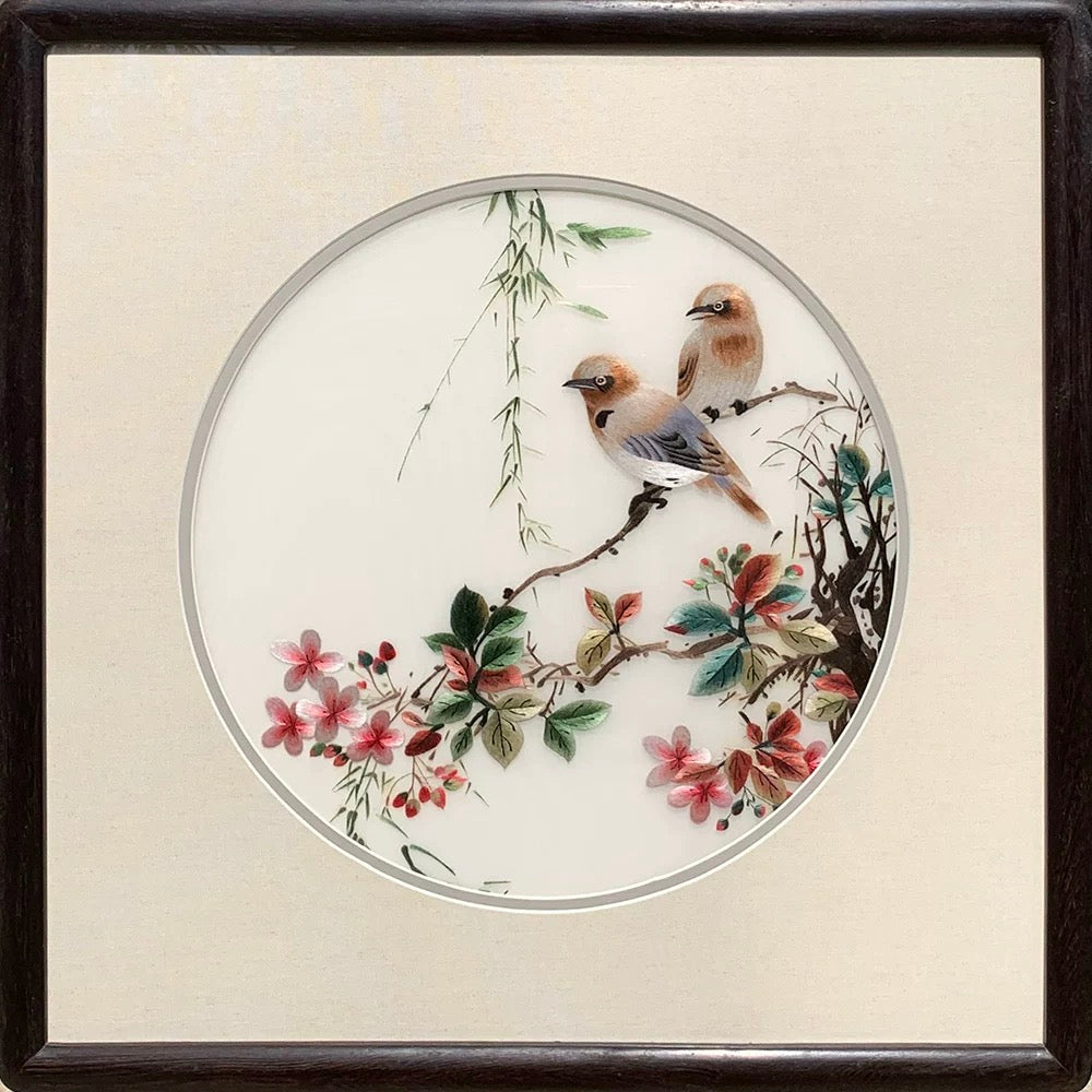 Su Embroidery Framed Wall Painting Art | Sparrows Among Autumn Blossom