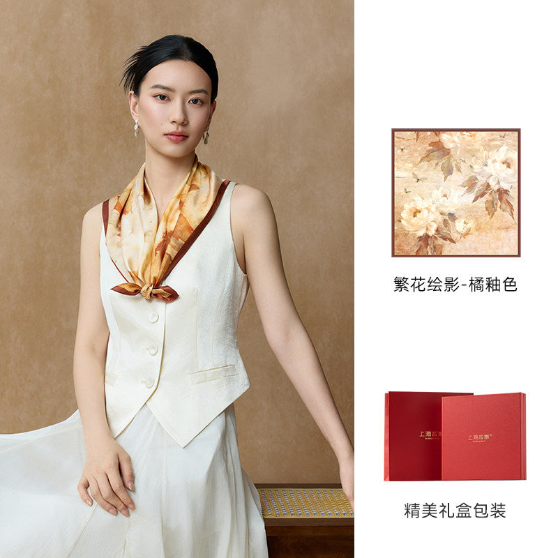 Ink-Washed Blossoms Double-Sided Printed Mulberry Silk Square Scarf