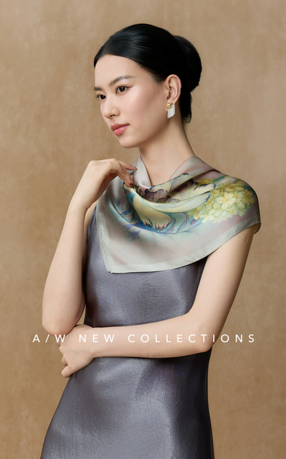 Ink-Washed Blossoms Double-Sided Printed Mulberry Silk Square Scarf