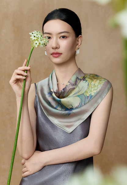 Ink-Washed Blossoms Double-Sided Printed Mulberry Silk Square Scarf