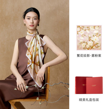Ink-Washed Blossoms Double-Sided Printed Mulberry Silk Square Scarf