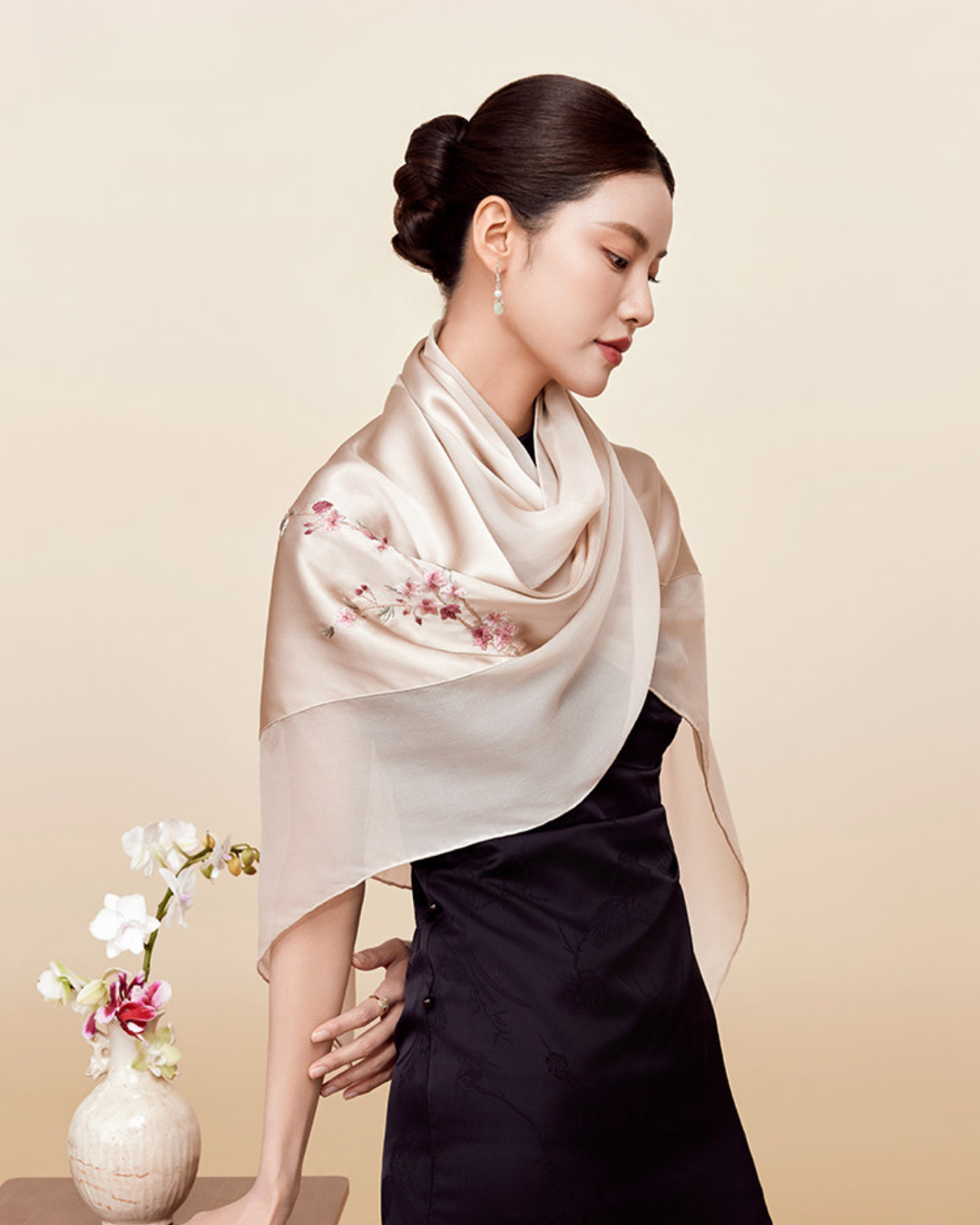 Joyful Plum Blossom Suzhou Embroidered Mulberry Silk Scarf / Shawl