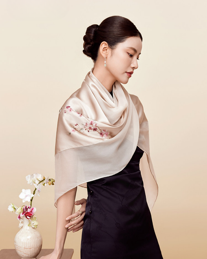 Joyful Plum Blossom Suzhou Embroidered Mulberry Silk Scarf / Shawl