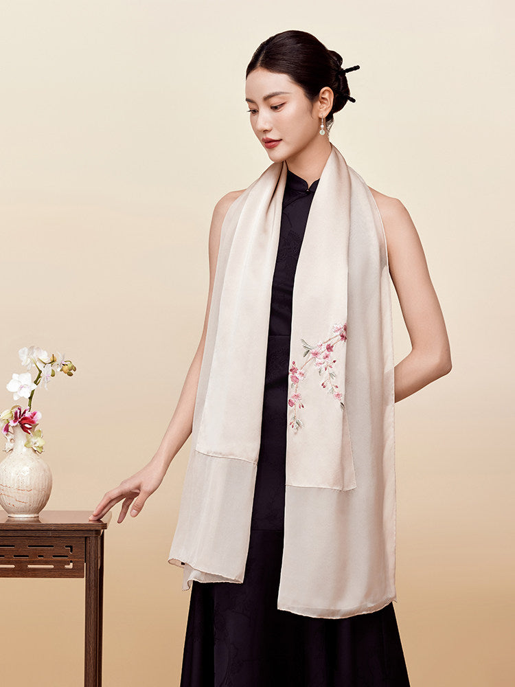 Joyful Plum Blossom Suzhou Embroidered Mulberry Silk Scarf / Shawl