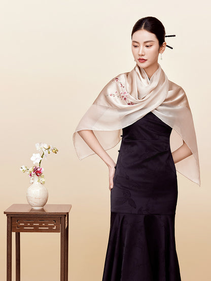 Joyful Plum Blossom Suzhou Embroidered Mulberry Silk Scarf / Shawl