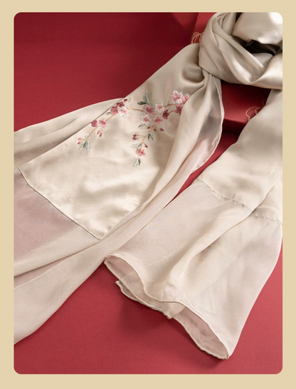 Joyful Plum Blossom Suzhou Embroidered Mulberry Silk Scarf / Shawl