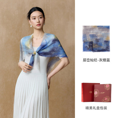 Layered Peaks Hand-Painted Cashmere Square Scarf