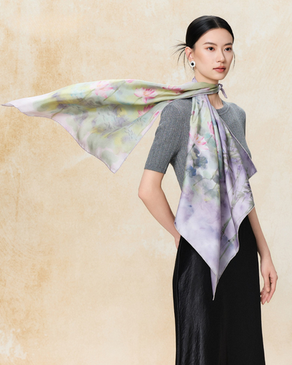 Lotus Harmony Printed Mulberry Silk Square Scarf