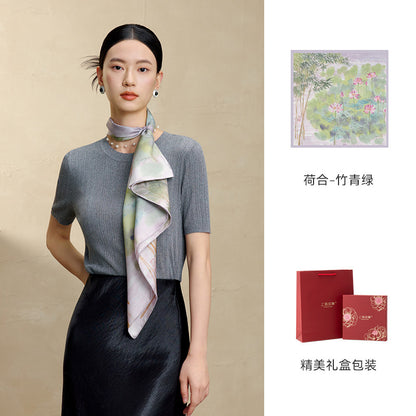 Lotus Harmony Printed Mulberry Silk Square Scarf