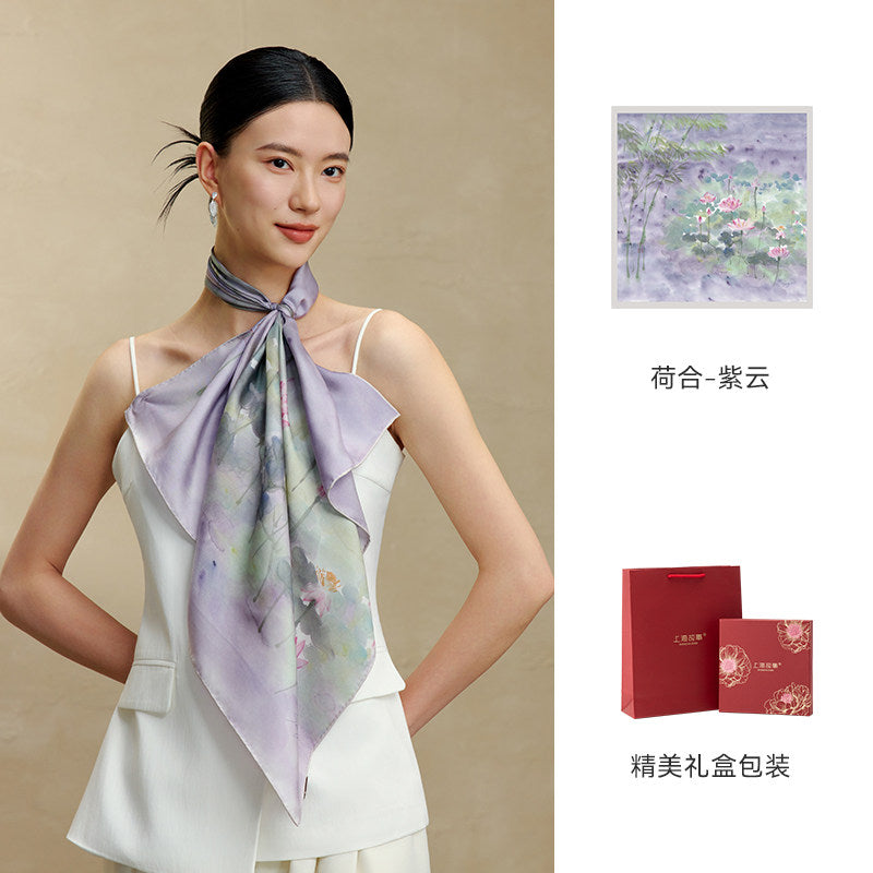 Lotus Harmony Printed Mulberry Silk Square Scarf