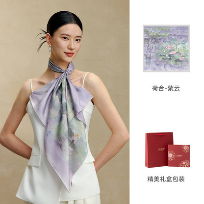 Lotus Harmony Printed Mulberry Silk Square Scarf