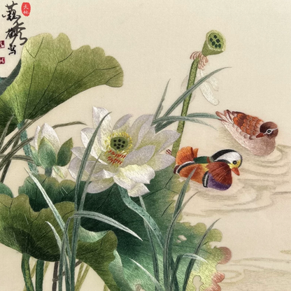 Su Embroidery Framed Wall Painting Art | Mandarin Ducks Among the Lotus