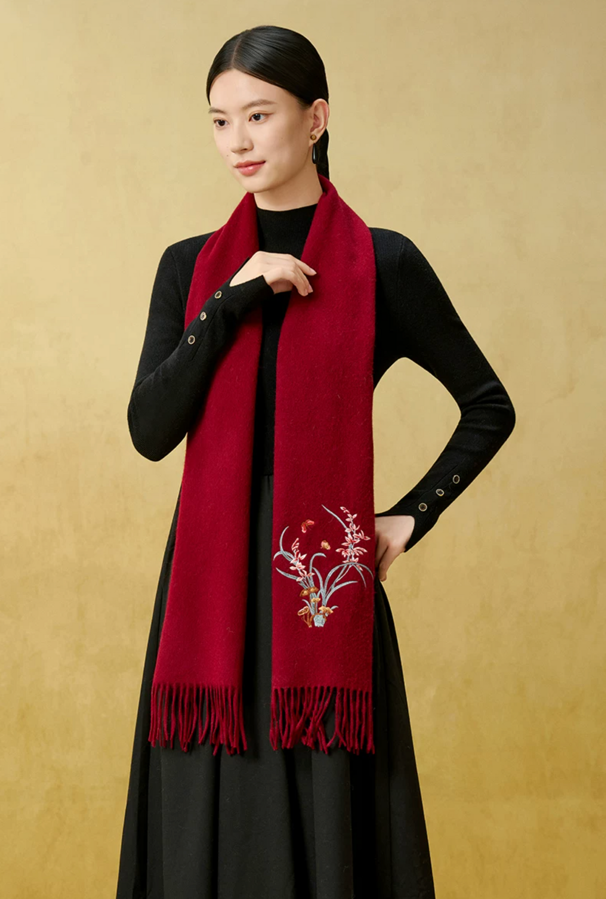 Orchid Blessings Embroidered Wool Scarf