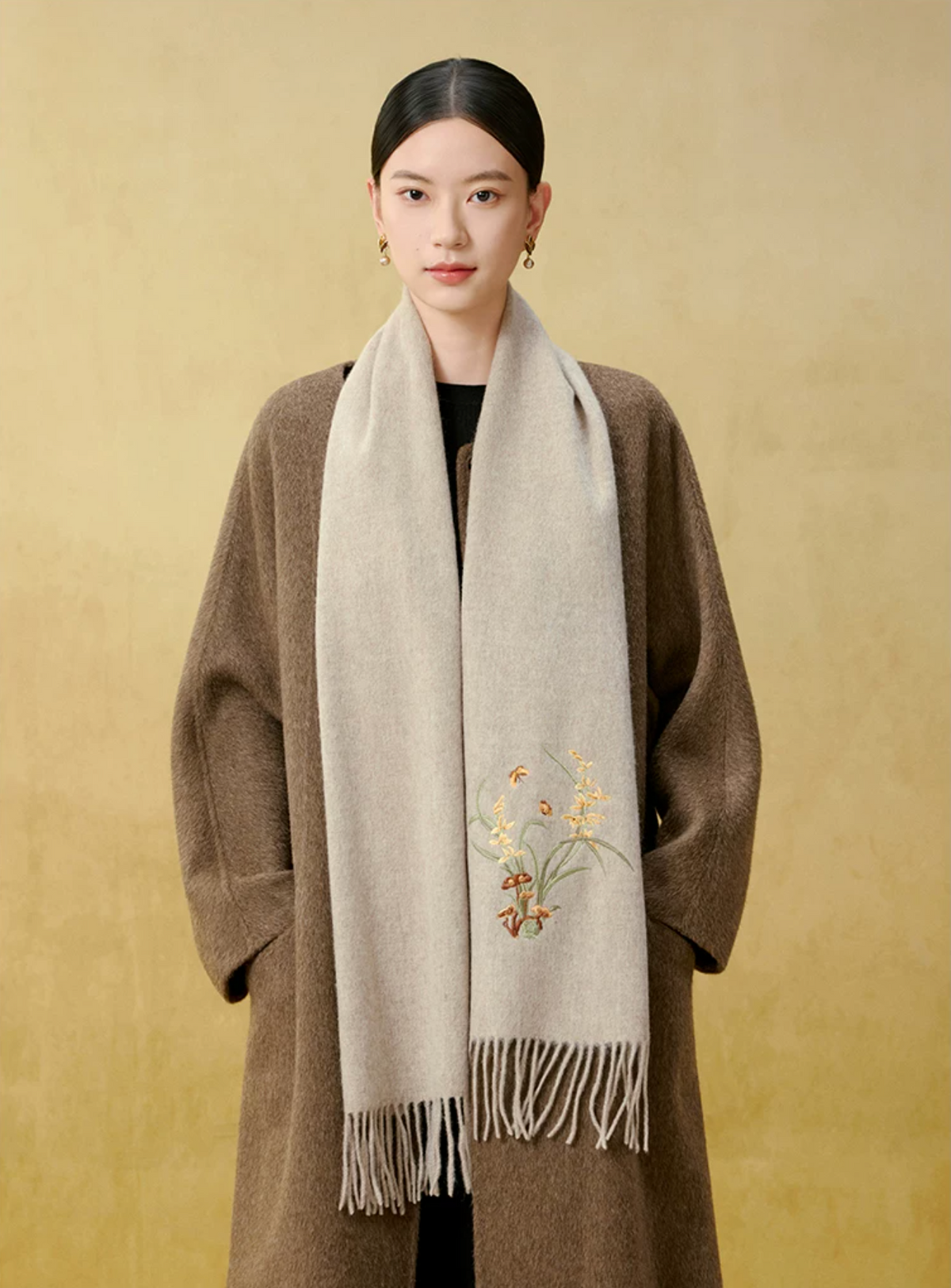Orchid Blessings Embroidered Wool Scarf
