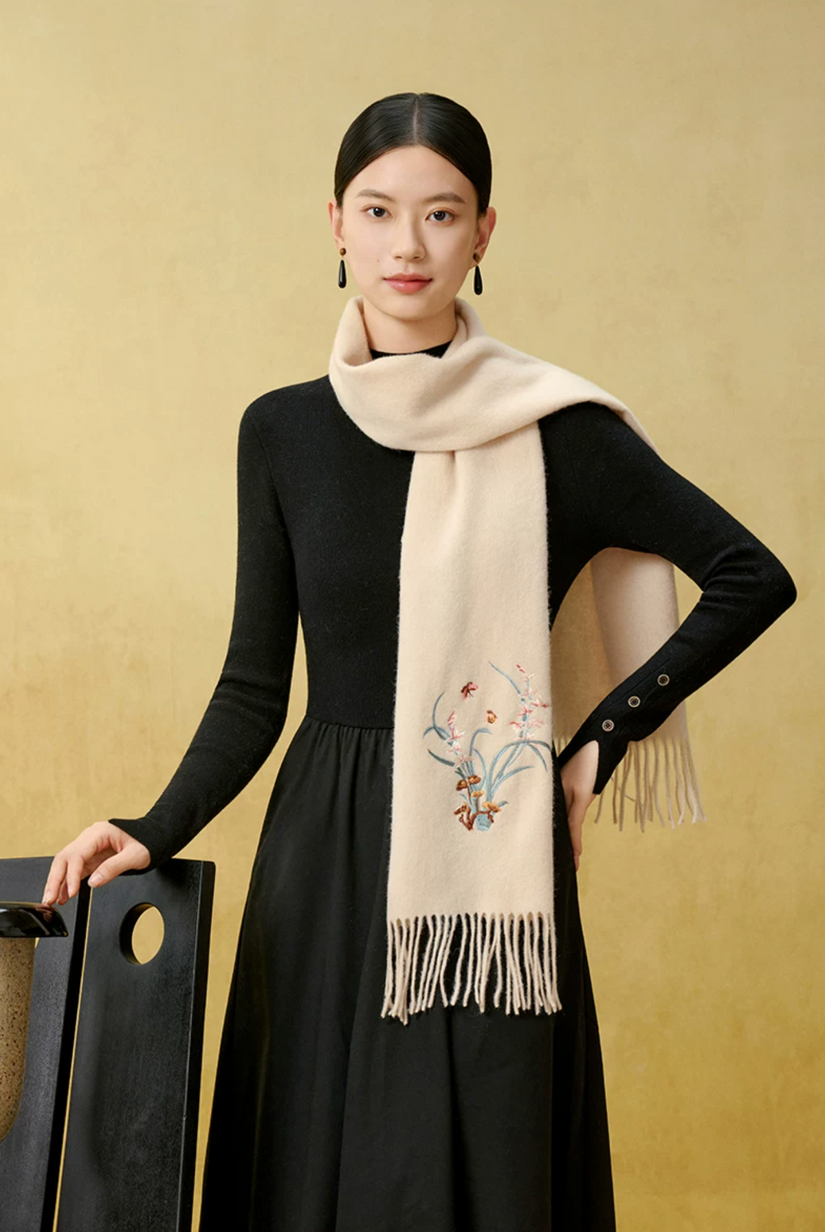 Orchid Blessings Embroidered Wool Scarf