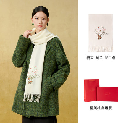 Orchid Blessings Embroidered Wool Scarf