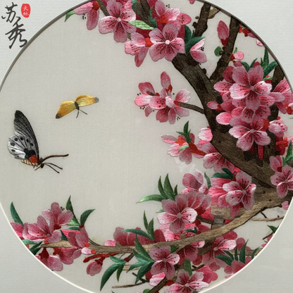 Su Embroidery Framed Wall Painting Art | Peach Blossom and Butterflies