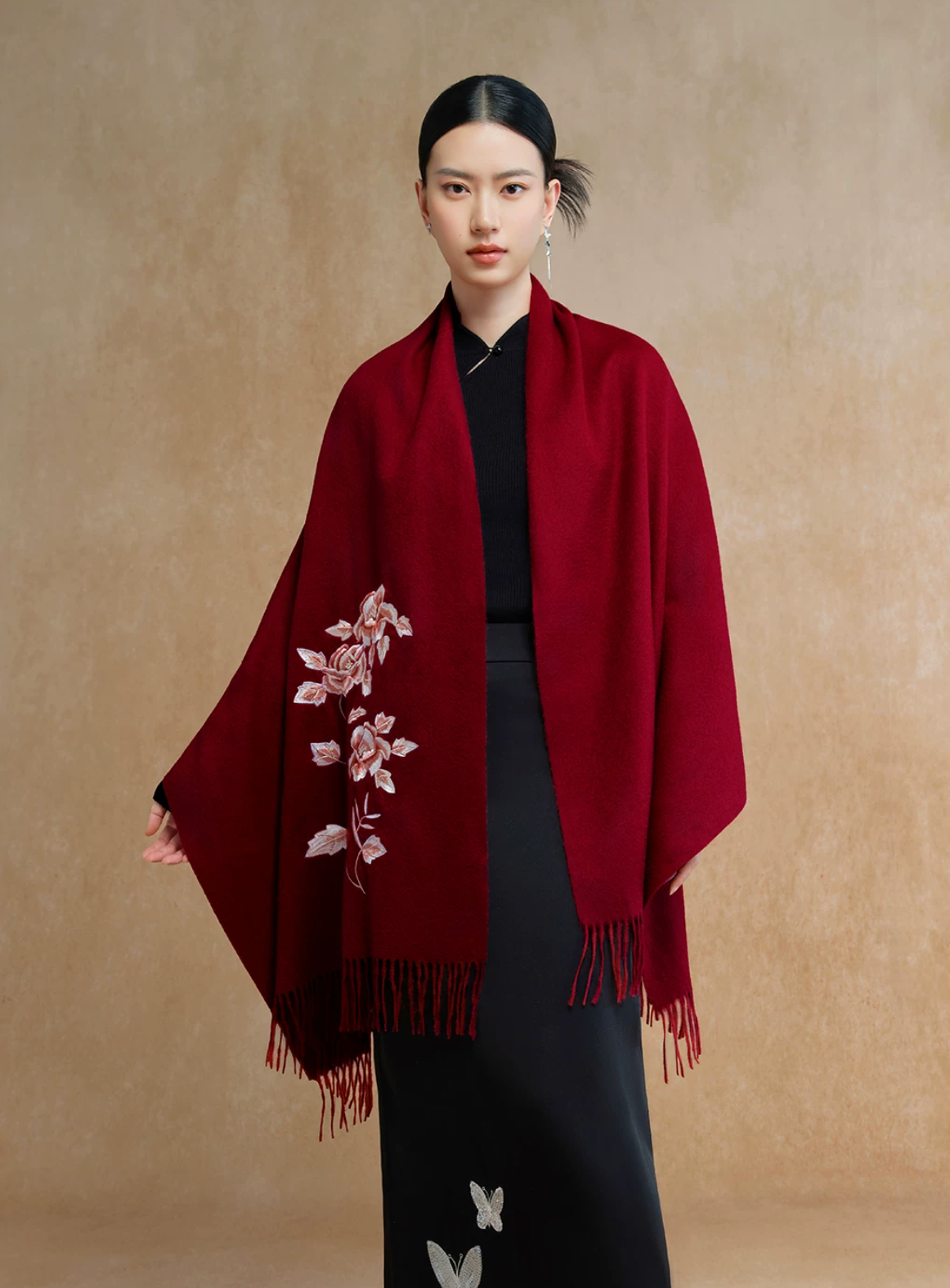 Peony in Bloom Embroidered Wool Scarf / Shawl