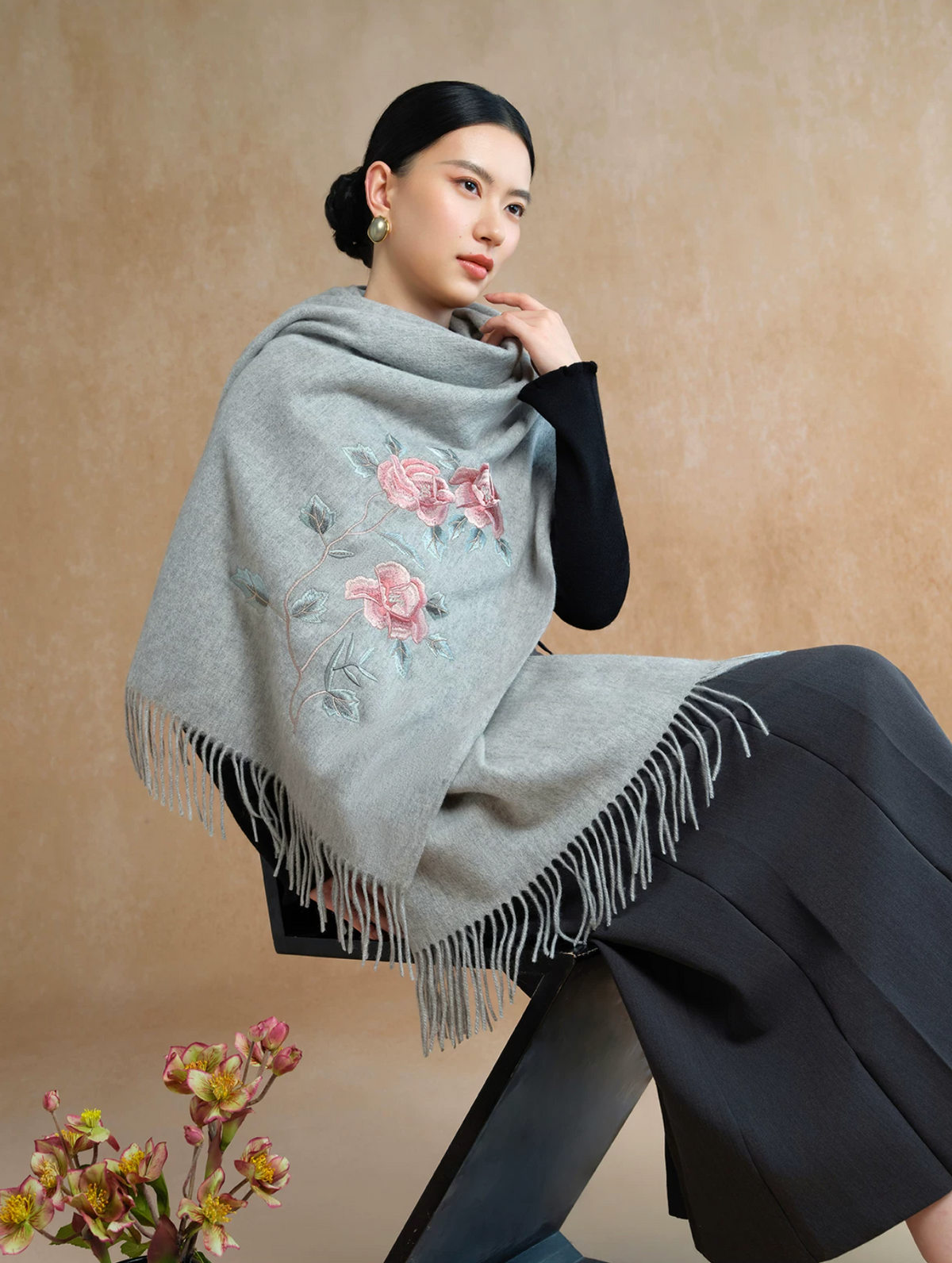 Peony in Bloom Embroidered Wool Scarf / Shawl